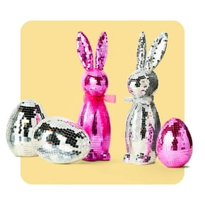 Disco Easter rabbit and egg decor.