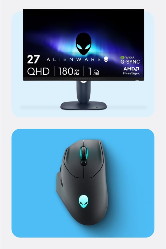 Alienware screen and mouse shown with alien logo.