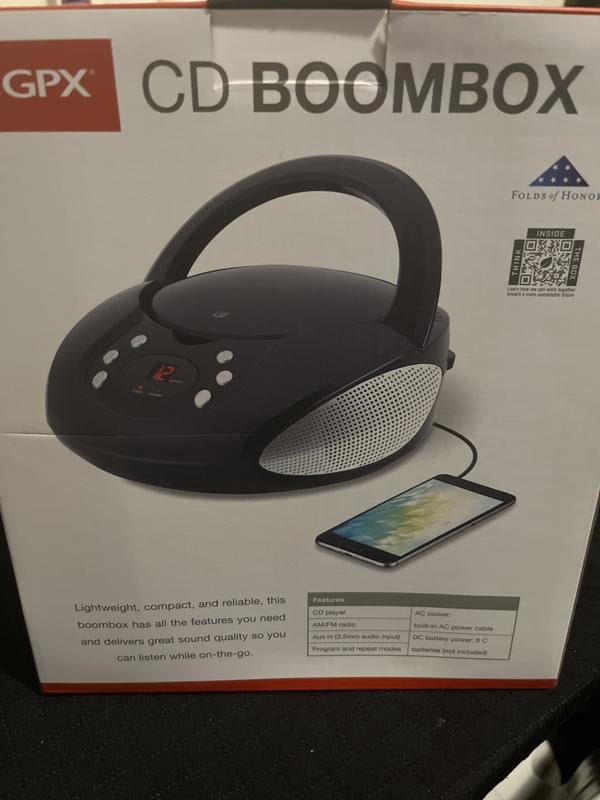 GPX Portable CD Player Boombox with AM/FM Stereo Radio, Battery