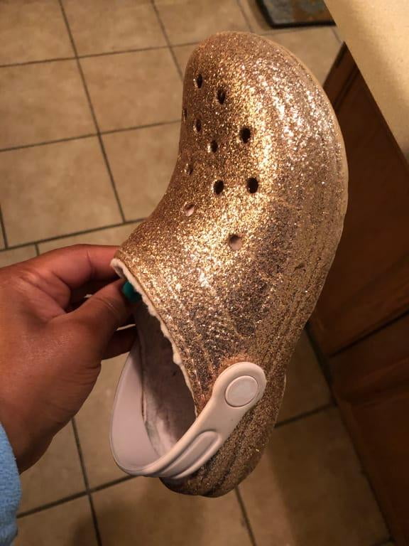 Silver glitter crocs outlet with fur