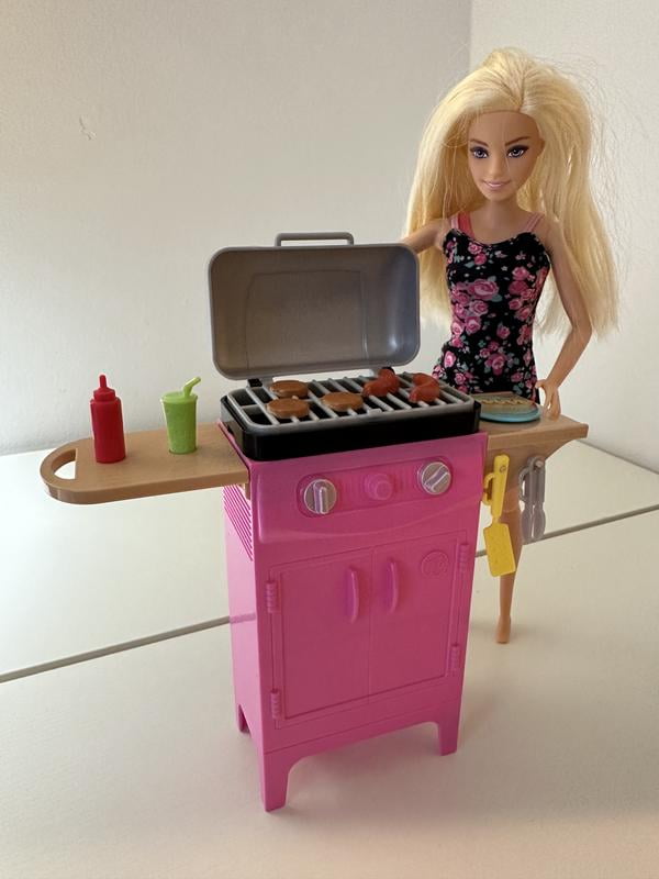 Barbie World Toy BBQ Grill Playset with 7 Dollhouse Accessories Including Grill with Working Lid Food Walmart