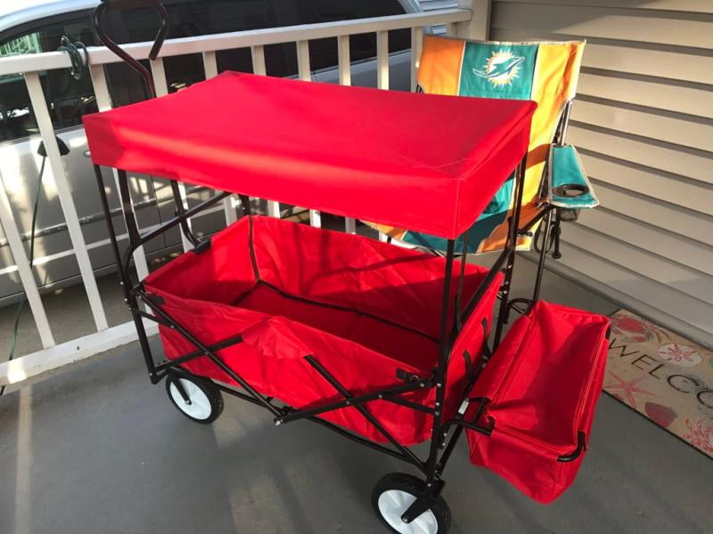 Best Choice Products Folding Utility Cargo Wagon Cart for Beach Groceries w/Removable Canopy Cup Holders Camping 
