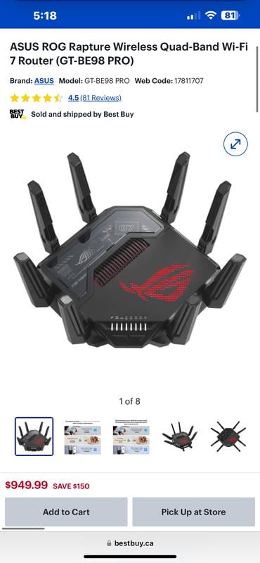 ASUS ROG Rapture GT-BE98 PRO WiFi 7 Gaming Router, 320MHz, Dual