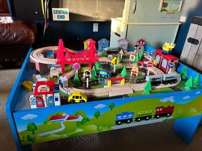 Hey! Play! Toddler Activity Wooden Train Set & Table - 75 Piece