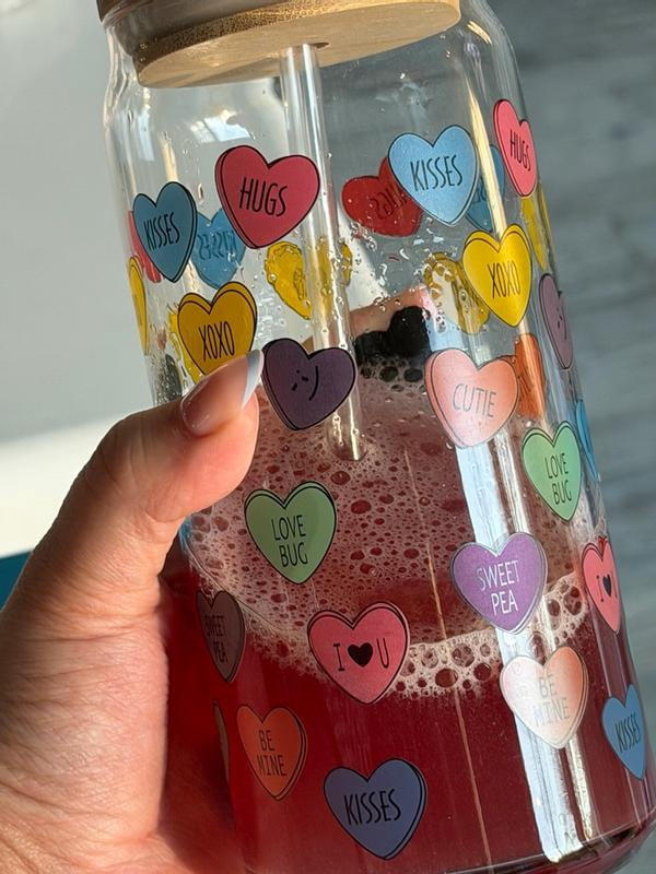 Mainstays Glass 20 oz Can Sipper Colorful Heart Conversation, 2