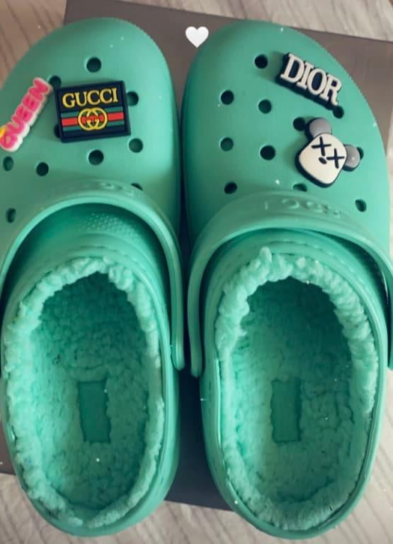 fuzzy crocs mint green