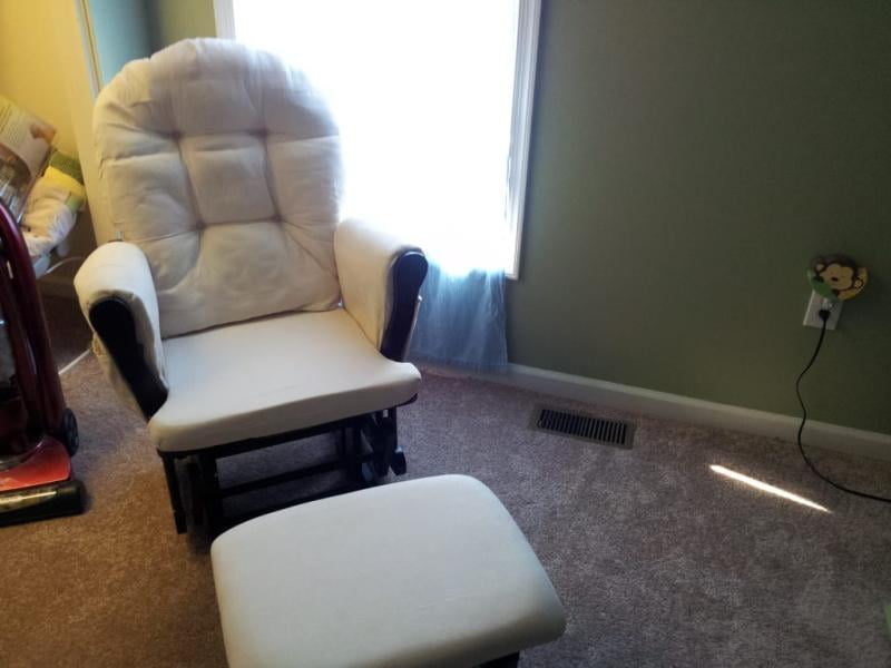 storkcraft bowback glider and ottoman cherry finish and beige cushions