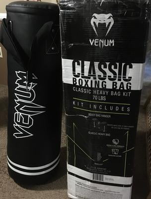 Venum Classic Punching Bag - 70 lb - Black/White - Heavy Bag Kit