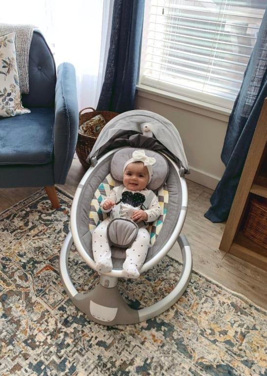 dream on me zazu cradling swing in grey and pink