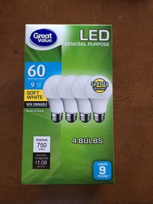 Great Value Led Light Bulb 9 Watts 60w Equivalent A19 General Purpose Lamp E26 Medium Base Non Dimmable Soft White 4 Pack Walmart Com Walmart Com