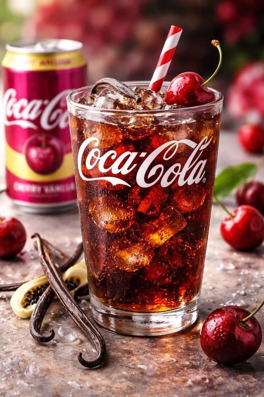 Coca-Cola Soft Drink: Cherry Vanilla Flavor, Sugar Soda Pop, 12 oz