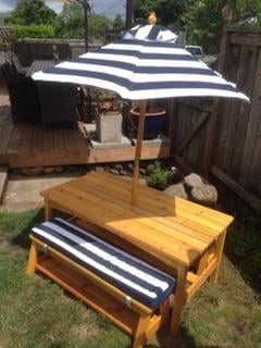 Kidkraft Outdoor Table Bench Set With Cushions Umbrella Navy White Stripes Walmart Com Walmart Com
