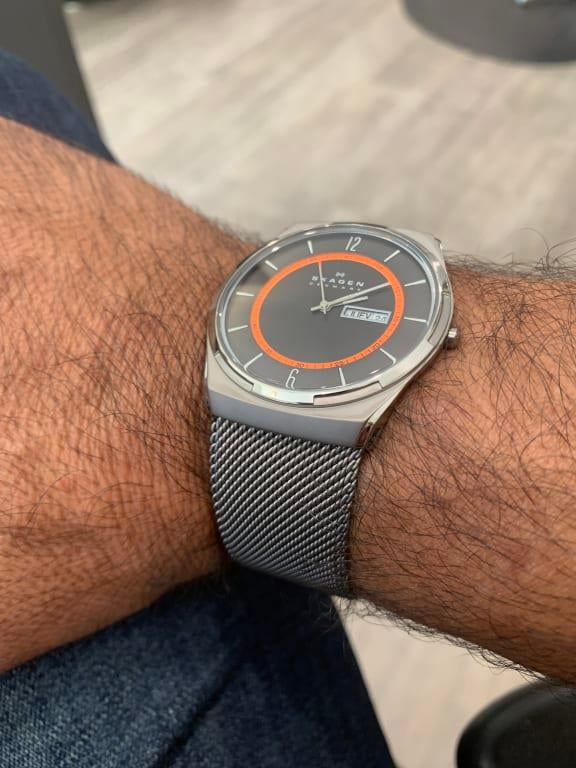 Melbye Titanium and Black Steel-Mesh Day-Date Watch (SKW6006)