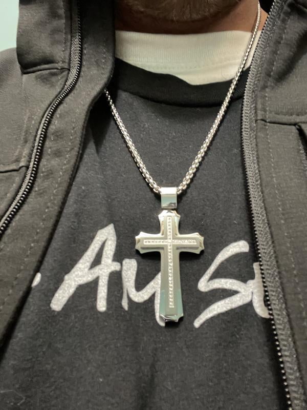 Stainless Steel Rhinestone Cross Pendant Necklace - Foldable Design, Unisex, 1.5 Inch Pendant On 24-Inch Chain