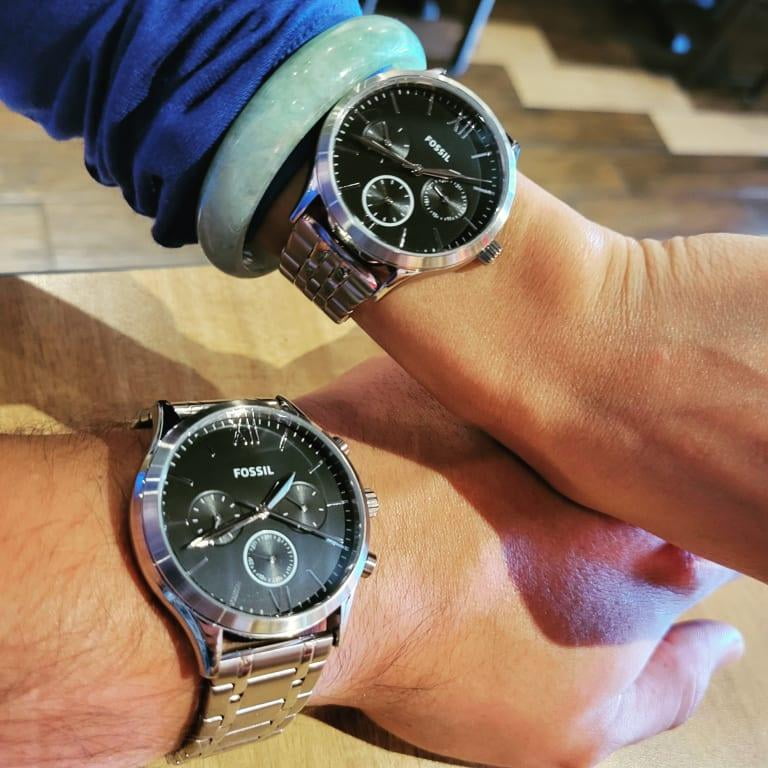 Fossil multifunction stainless deals steel couple watch