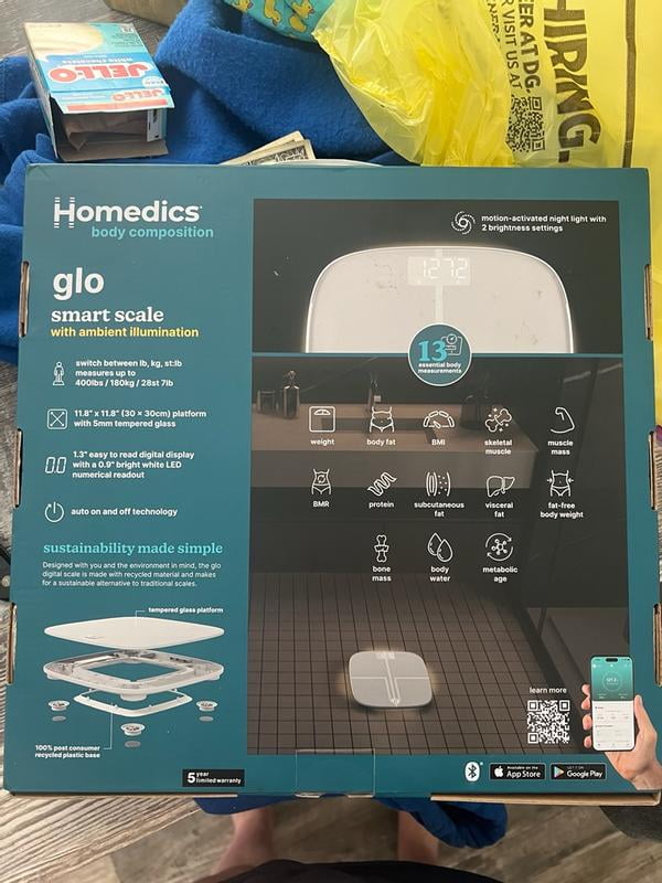 Homedics Essential Glo, Digital Bathroom Scale, Motion-Sensing Ambient Center Illumination Sleek Tempered Glass High Precision Weight Measurement 400 L