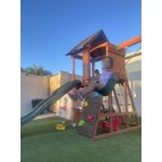 KidKraft Raptor Trail Wooden Outdoor Swing Set with Wavy Slide and Rock ...