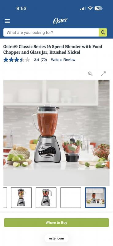 Oster 16 Speed ブレンダー6809 1250L Oster® Classic Series 16 Speed Blender with Food Chopper and Glass