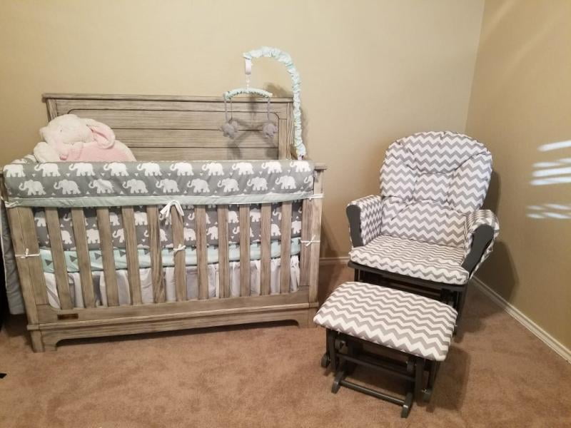 storkcraft bowback glider and ottoman cherry finish and beige cushions