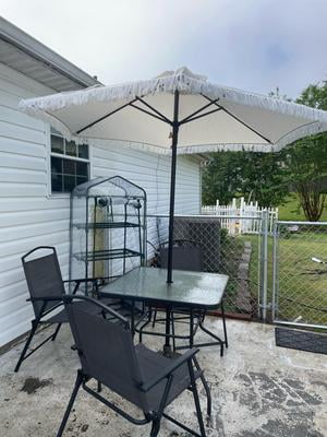 better homes & gardens ventura 7.5 fringe patio umbrella Better Homes & Gardens Outdoor 7.5' White Ventura Fringe Round Push-up  Premium Patio Umbrella