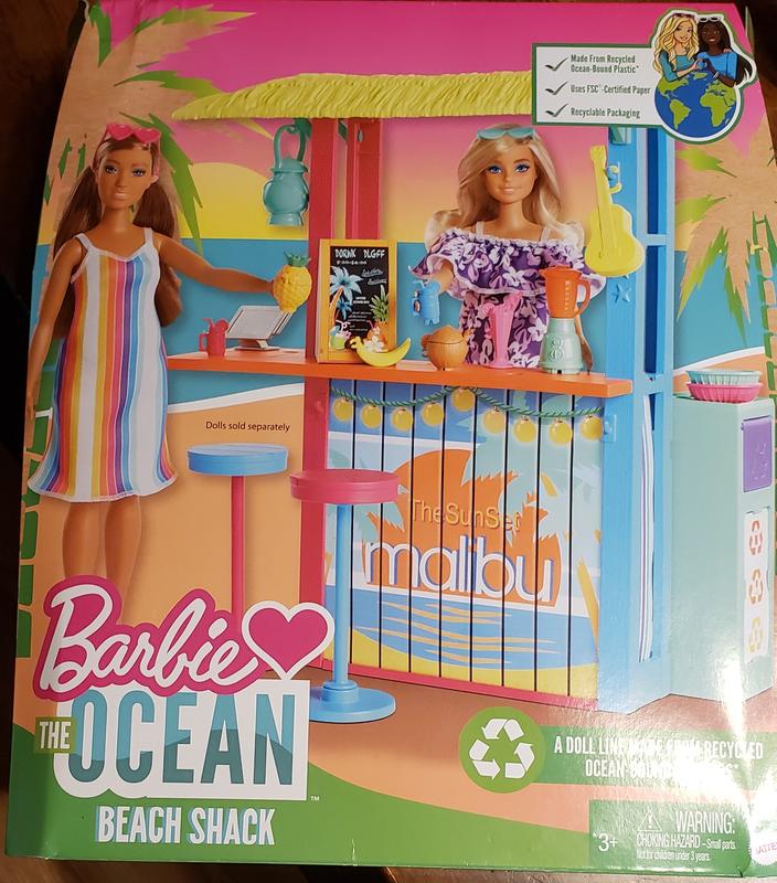 Barbie Loves The Ocean Beach Shack Doll Playset with 18+ Accessories, Made  From Recycled Plastics