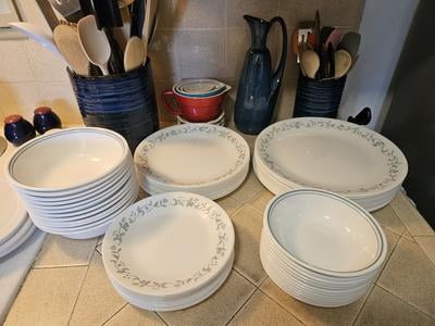 Corelle 66-Piece Dinnerware Set with Cobalt Swirls and Bowls with