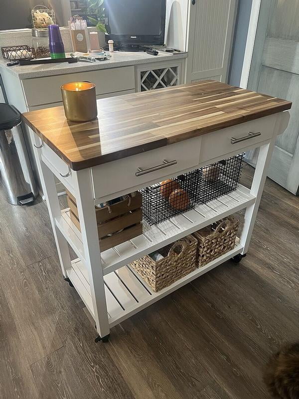 Seville Classics Acacia Wood Top Work Table Island Cart, White