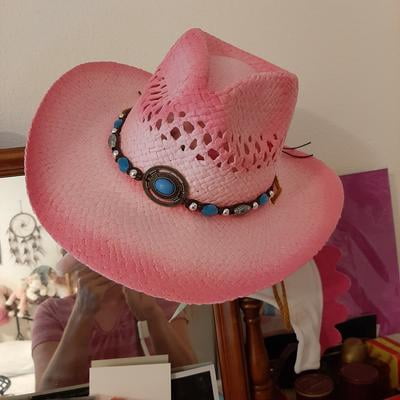 PINK Tea Stain Straw COWBOY HAT w/ Turquoise Blue Beads  display picture 2