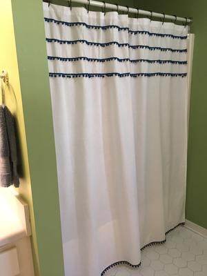 White Fabric Shower Curtain With Teal, Pom Pom Shower Curtain