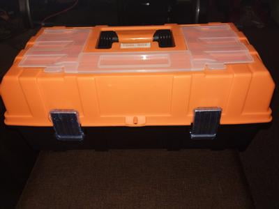 Torin 17-Inch 3-Layer Multi-Function Toolbox – Plastic Storage With Tray & Dividers, Black/Orange, For Home, Office & Workshop