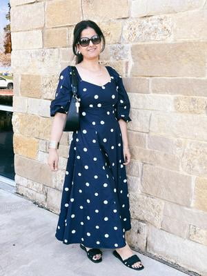 blue polka dot dress with sleeves Blue Brush Petal Print Strapless Maxi Mila Dress – SABO main image 0