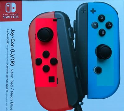 nintendo switch with neon blue and red controllers