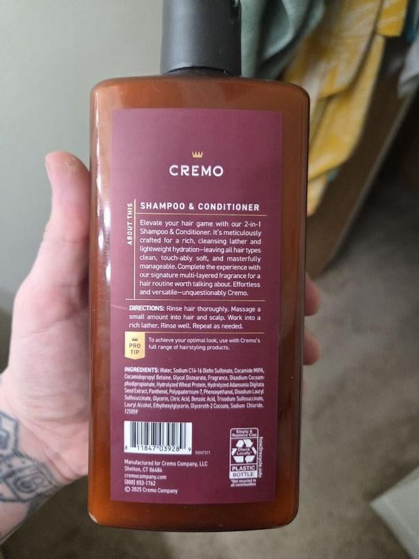 Cremo 2-in-1 Men's Shampoo & Conditioner, Whiskey Cherry Scent, 16