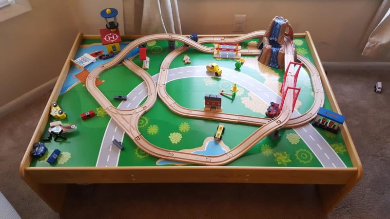 kidkraft waterfall mountain train set & table with 120 accessories included