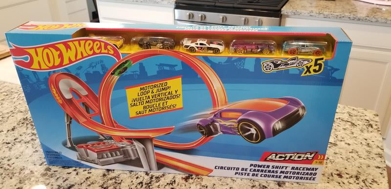 hot wheels power shift raceway track & 5 race vehicles set