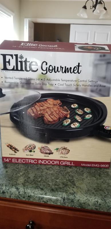 Elite Gourmet Smokeless Indoor Electric BBQ Grill with Glass Lid,  Dishwasher Safe, PFOA-Free Nonstick, Adjustable Temperature, Fast Heat Up,  Low-Fat Meals Easy to Clean Design