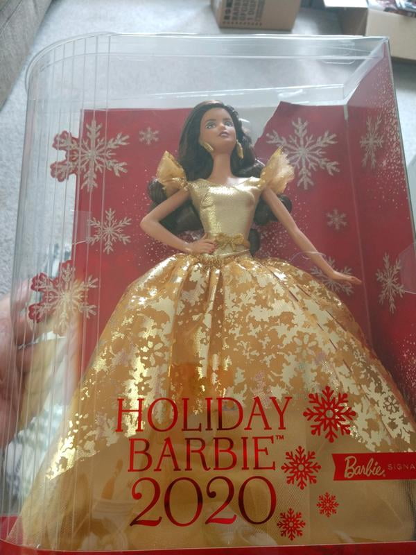 Barbie Signature 2020 Holiday Barbie Doll 12 Inch Brunette Long Hair In Golden Gown Walmart Com Walmart Com