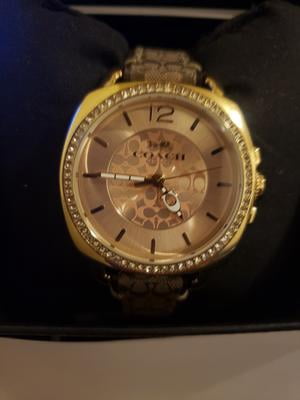Coach Women's Gold/Khaki Signature Fabric Boyfriend Watch 34mm