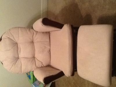 storkcraft bowback glider and ottoman cherry finish and beige cushions