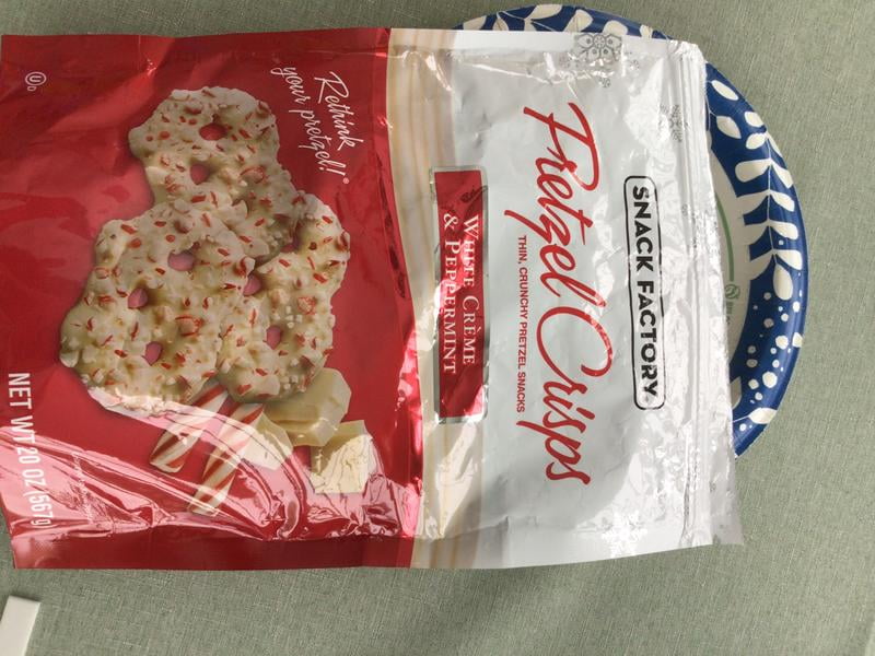 Snack Factory, Holiday White Crème & Peppermint Covered Pretzels