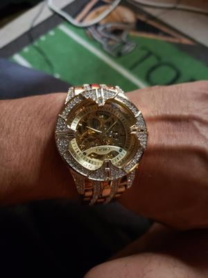 Elgin Adult Male Analog Watch in Gold and Crystals with Skeleton