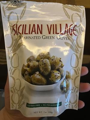 SICILIAN VILLAGE: Authentic Gluten-Free Marinated Green Olives, 7