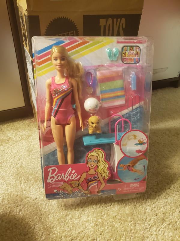 Barbie Dreamhouse Adventures Swim 'n Dive Doll, 11.5-inch in Swimwear, with  Diving Board and Puppy 