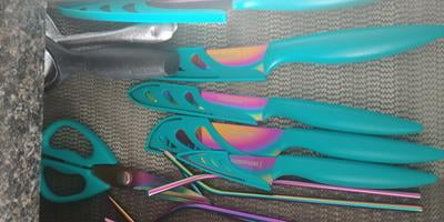 Farberware 11-piece Rainbow Iridescent Blades with Teal Handles and Sheath  Titanium Cutlery Set