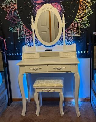 Ktaxon Vanity Set with Mirror and Chair, White, 4 Drawers, Rotated