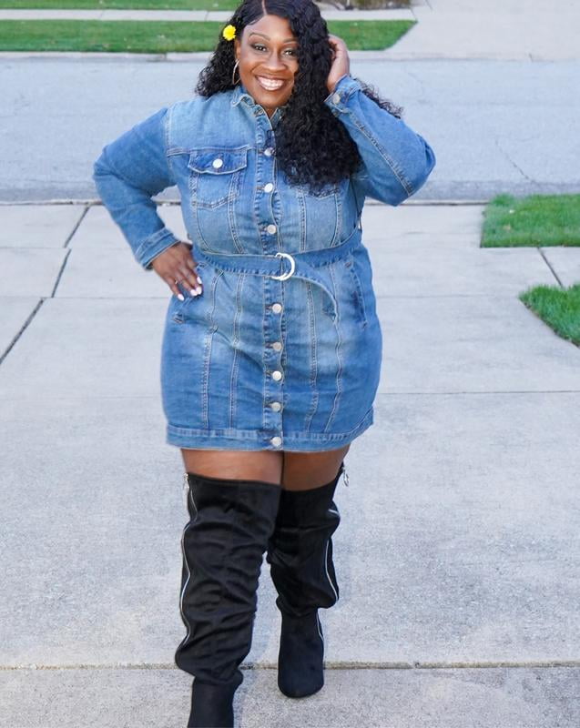 eloquii elements women's plus puff sleeve denim jacket dress Puff Sleeve Denim Jacket Dress - Mini Length, Black Wash