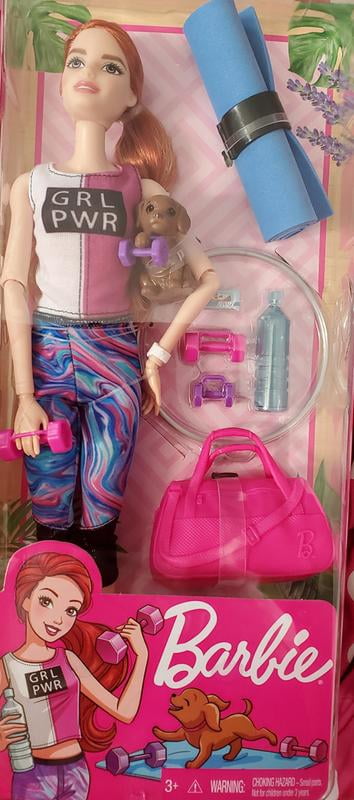 Barbie Fitness Red Haired Doll with Puppy and 9 Accessories