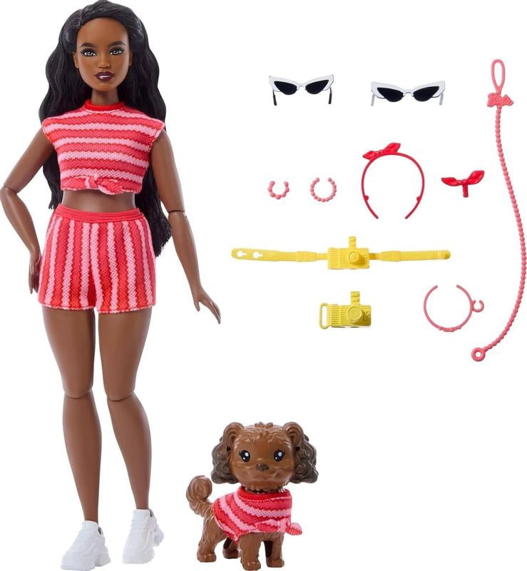 Barbie, Fashion Doll with Pet Dog, Twinning Looks Set, Red Clothes