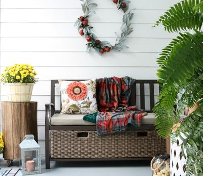 better homes & gardens camrose farmhouse outdoor bench with wicker storage box