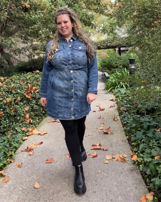 eloquii elements women's plus puff sleeve denim jacket dress Plus Size Women's Tie Front Denim Maxi Dress by ELOQUII in Tofu (Size 22)
